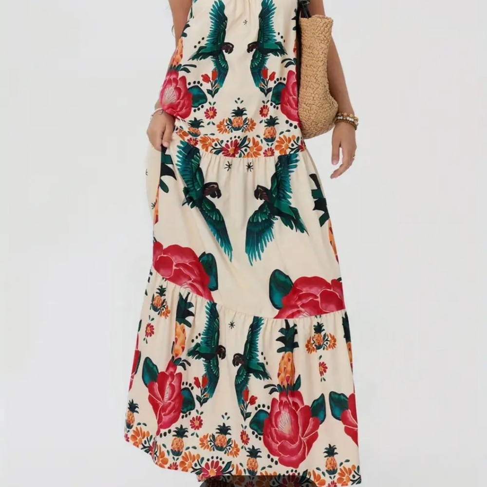 Beautiful tribal print in luxurious bright colored print square neck maxi dress - Picture 9 of 13